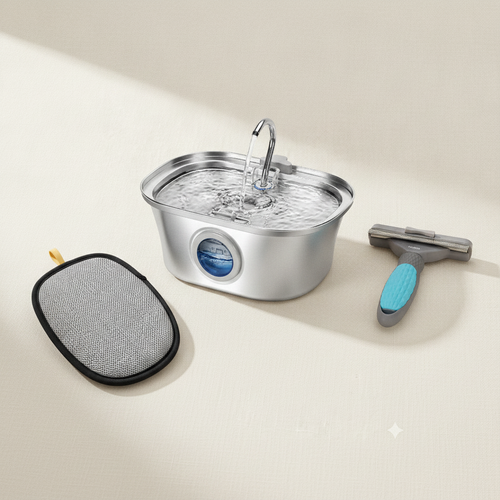 Petlúa Kit Completo — fuente de agua, guante removedor y cepillo V-Tooth en flat-lay